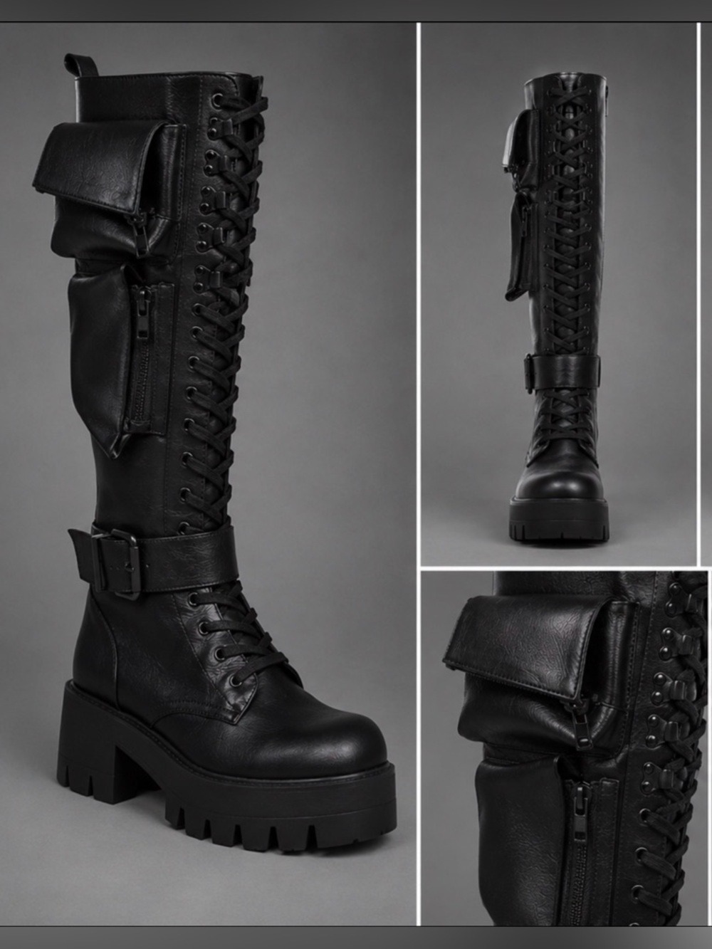 Black Knee High Platform Combat Boots With Cargo Pockets - Picture 4 of 9